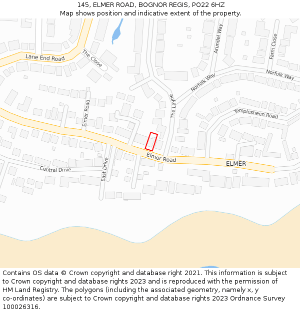 145, ELMER ROAD, BOGNOR REGIS, PO22 6HZ: Location map and indicative extent of plot