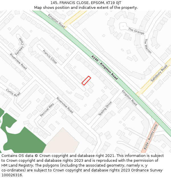 145, FRANCIS CLOSE, EPSOM, KT19 0JT: Location map and indicative extent of plot