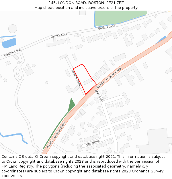 145, LONDON ROAD, BOSTON, PE21 7EZ: Location map and indicative extent of plot