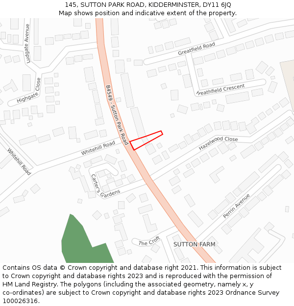 145, SUTTON PARK ROAD, KIDDERMINSTER, DY11 6JQ: Location map and indicative extent of plot