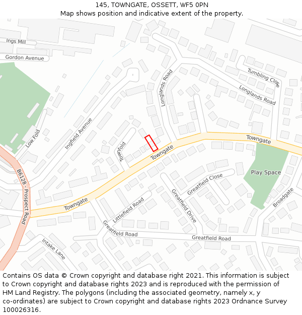 145, TOWNGATE, OSSETT, WF5 0PN: Location map and indicative extent of plot