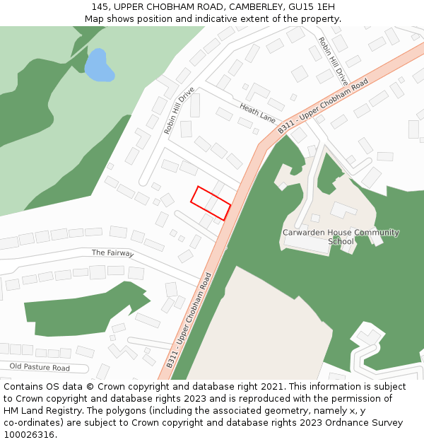 145, UPPER CHOBHAM ROAD, CAMBERLEY, GU15 1EH: Location map and indicative extent of plot