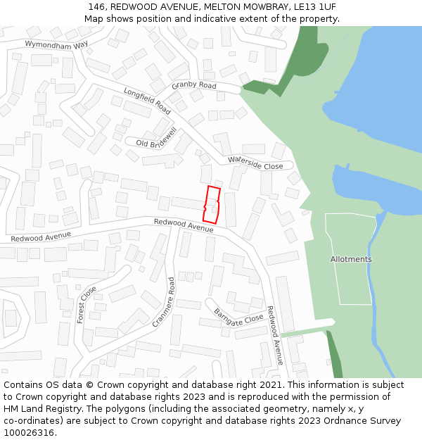 146, REDWOOD AVENUE, MELTON MOWBRAY, LE13 1UF: Location map and indicative extent of plot