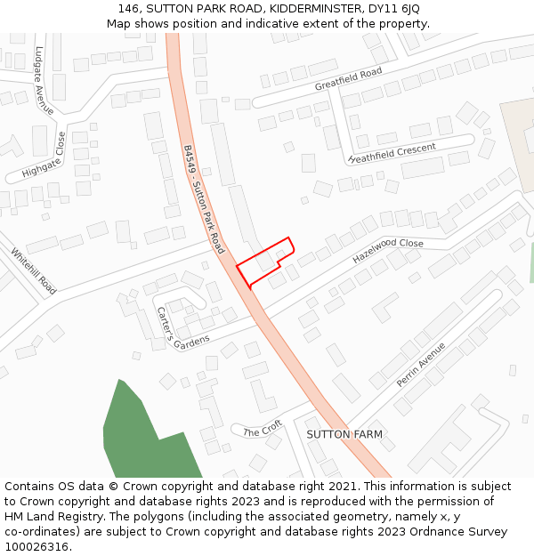 146, SUTTON PARK ROAD, KIDDERMINSTER, DY11 6JQ: Location map and indicative extent of plot