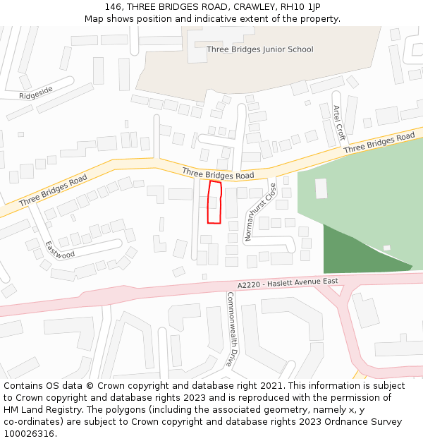 146, THREE BRIDGES ROAD, CRAWLEY, RH10 1JP: Location map and indicative extent of plot