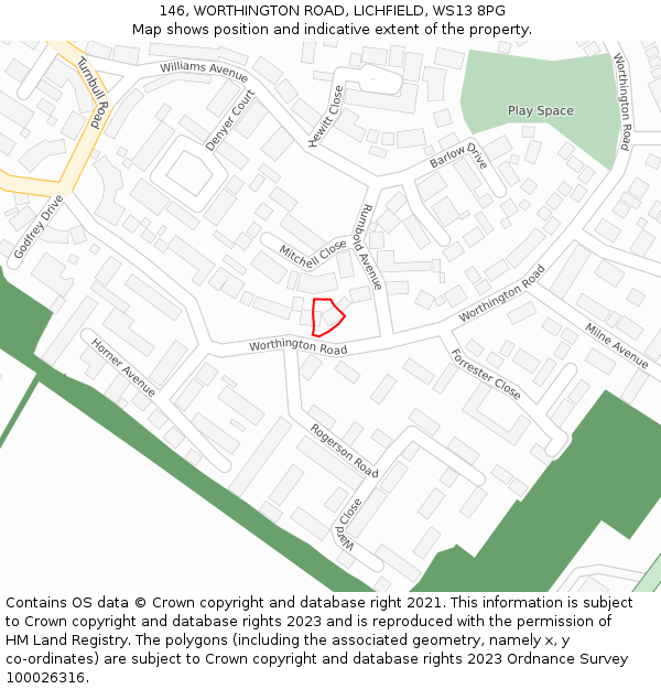 146, WORTHINGTON ROAD, LICHFIELD, WS13 8PG: Location map and indicative extent of plot