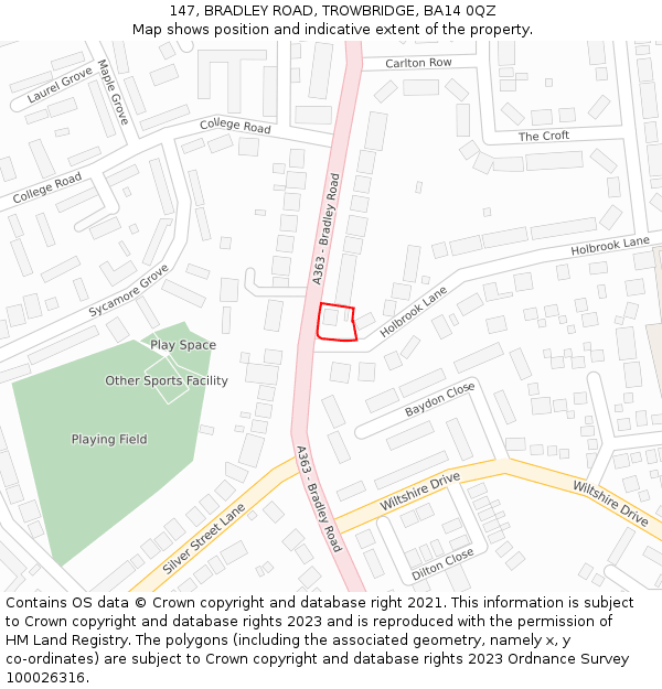 147, BRADLEY ROAD, TROWBRIDGE, BA14 0QZ: Location map and indicative extent of plot