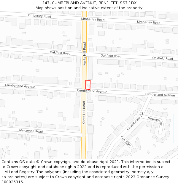 147, CUMBERLAND AVENUE, BENFLEET, SS7 1DX: Location map and indicative extent of plot