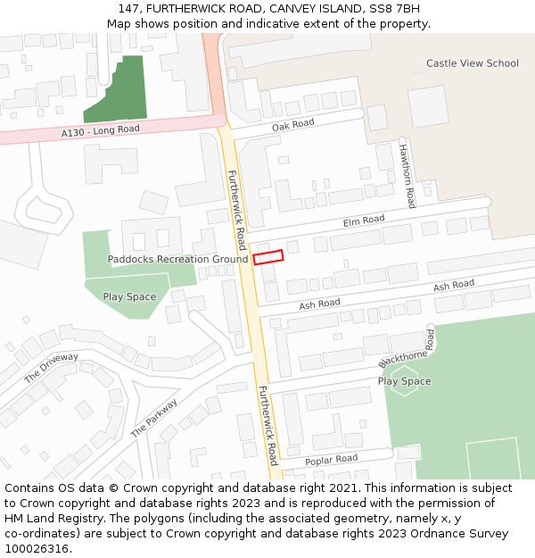 147, FURTHERWICK ROAD, CANVEY ISLAND, SS8 7BH: Location map and indicative extent of plot