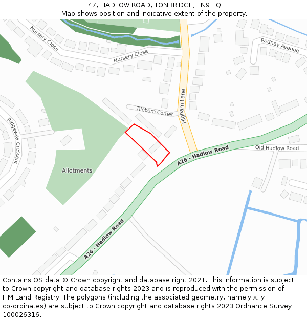 147, HADLOW ROAD, TONBRIDGE, TN9 1QE: Location map and indicative extent of plot