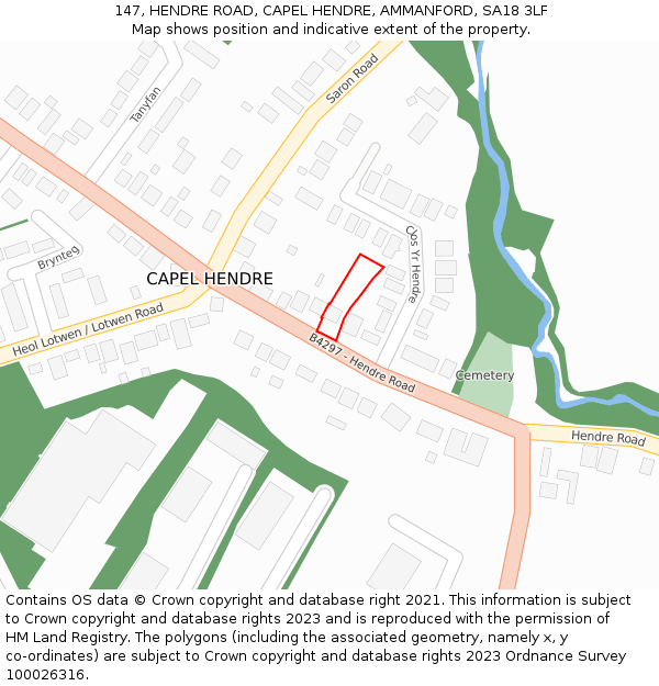 147, HENDRE ROAD, CAPEL HENDRE, AMMANFORD, SA18 3LF: Location map and indicative extent of plot