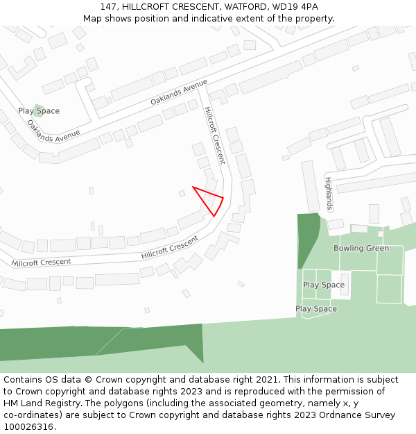 147, HILLCROFT CRESCENT, WATFORD, WD19 4PA: Location map and indicative extent of plot