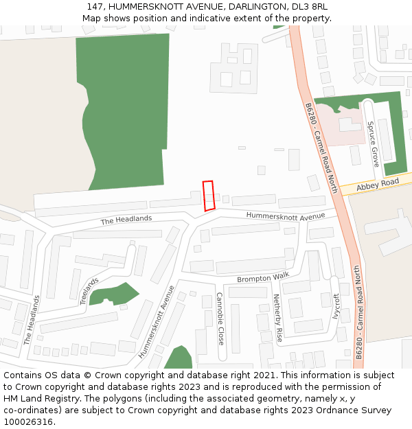 147, HUMMERSKNOTT AVENUE, DARLINGTON, DL3 8RL: Location map and indicative extent of plot