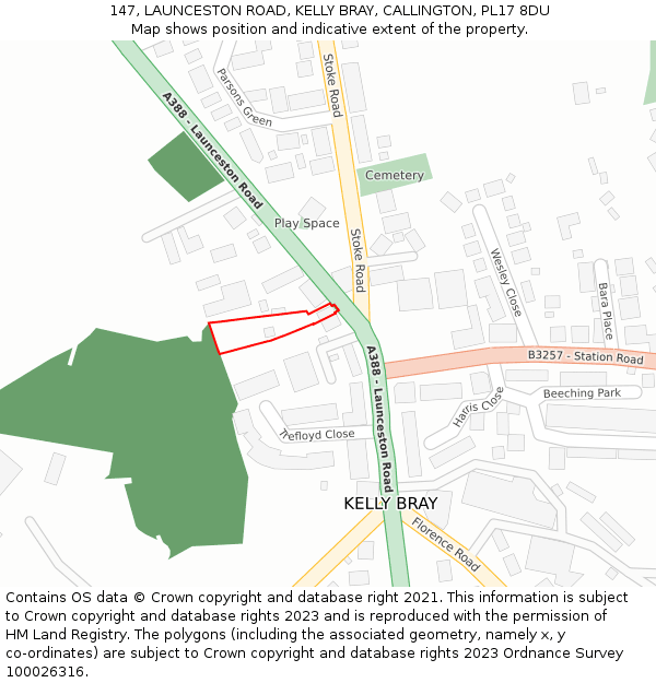 147, LAUNCESTON ROAD, KELLY BRAY, CALLINGTON, PL17 8DU: Location map and indicative extent of plot