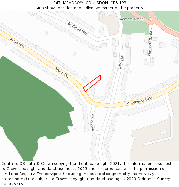 147, MEAD WAY, COULSDON, CR5 1PR: Location map and indicative extent of plot