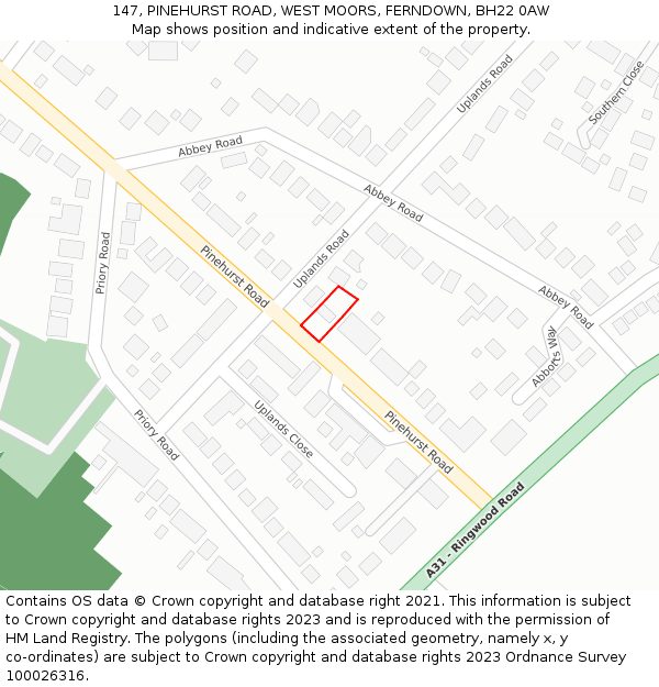 147, PINEHURST ROAD, WEST MOORS, FERNDOWN, BH22 0AW: Location map and indicative extent of plot