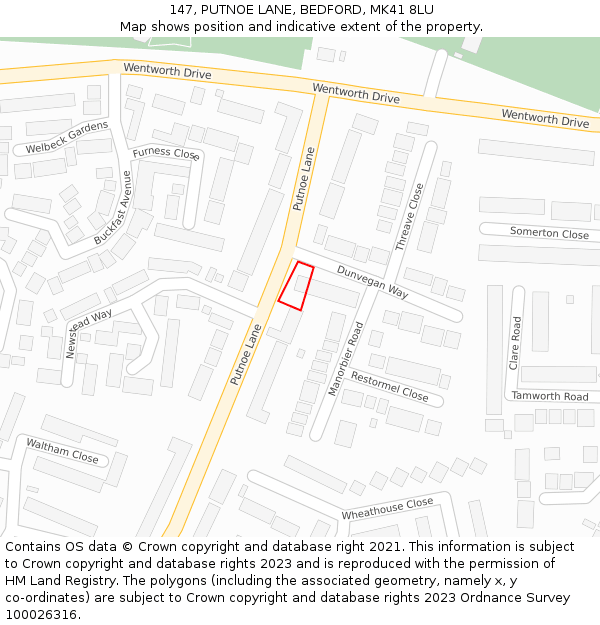 147, PUTNOE LANE, BEDFORD, MK41 8LU: Location map and indicative extent of plot