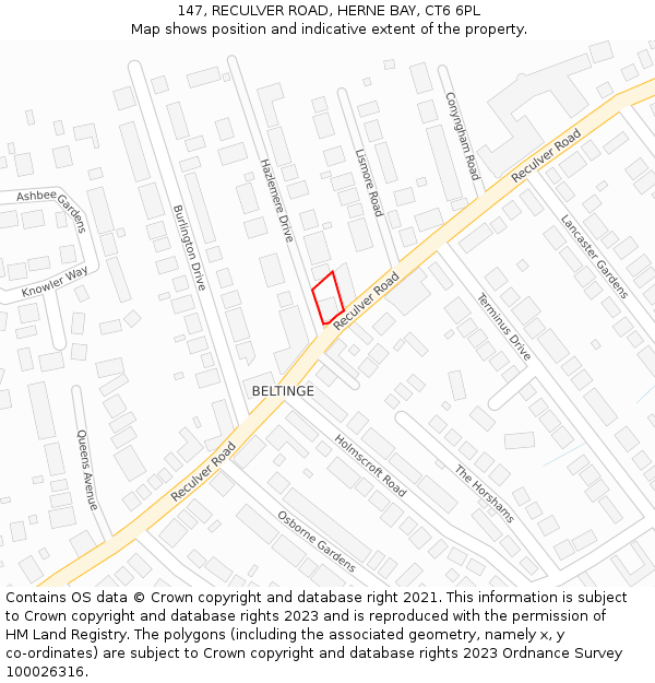 147, RECULVER ROAD, HERNE BAY, CT6 6PL: Location map and indicative extent of plot