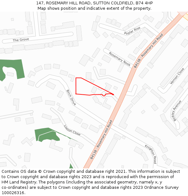 147, ROSEMARY HILL ROAD, SUTTON COLDFIELD, B74 4HP: Location map and indicative extent of plot