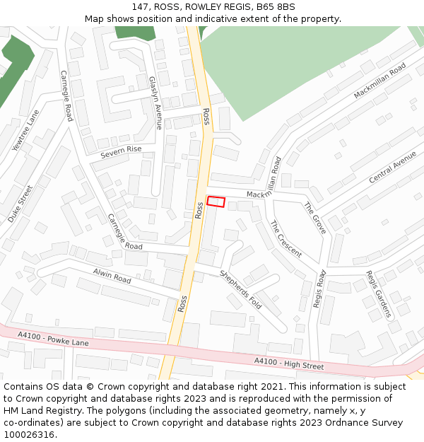 147, ROSS, ROWLEY REGIS, B65 8BS: Location map and indicative extent of plot