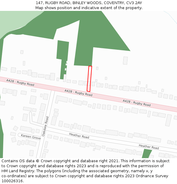 147, RUGBY ROAD, BINLEY WOODS, COVENTRY, CV3 2AY: Location map and indicative extent of plot