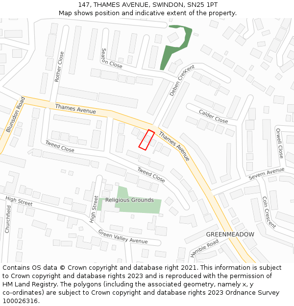 147, THAMES AVENUE, SWINDON, SN25 1PT: Location map and indicative extent of plot
