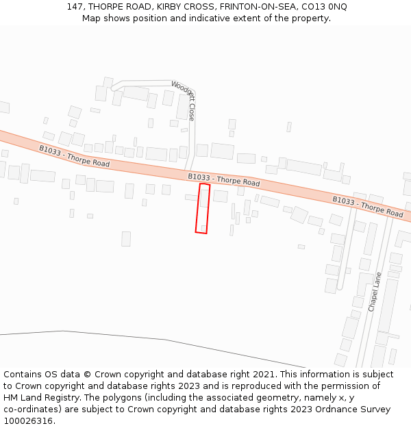 147, THORPE ROAD, KIRBY CROSS, FRINTON-ON-SEA, CO13 0NQ: Location map and indicative extent of plot