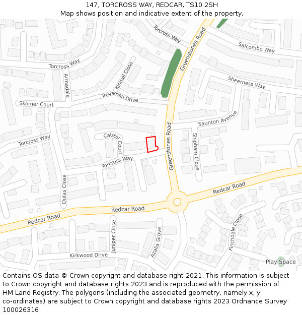 147, TORCROSS WAY, REDCAR, TS10 2SH: Location map and indicative extent of plot