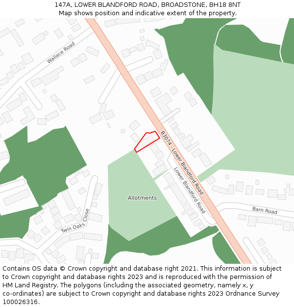 147A, LOWER BLANDFORD ROAD, BROADSTONE, BH18 8NT: Location map and indicative extent of plot