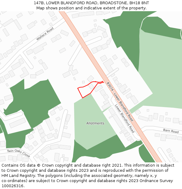 147B, LOWER BLANDFORD ROAD, BROADSTONE, BH18 8NT: Location map and indicative extent of plot
