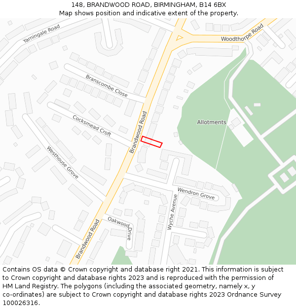 148, BRANDWOOD ROAD, BIRMINGHAM, B14 6BX: Location map and indicative extent of plot