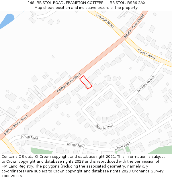 148, BRISTOL ROAD, FRAMPTON COTTERELL, BRISTOL, BS36 2AX: Location map and indicative extent of plot