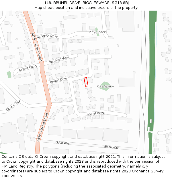 148, BRUNEL DRIVE, BIGGLESWADE, SG18 8BJ: Location map and indicative extent of plot