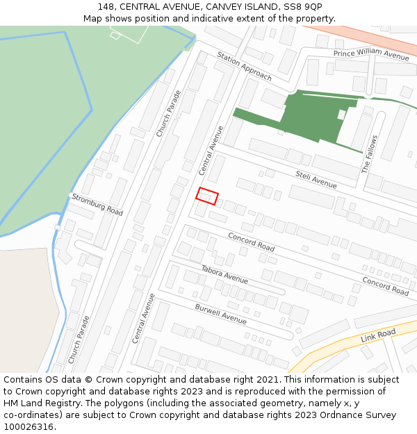 148, CENTRAL AVENUE, CANVEY ISLAND, SS8 9QP: Location map and indicative extent of plot