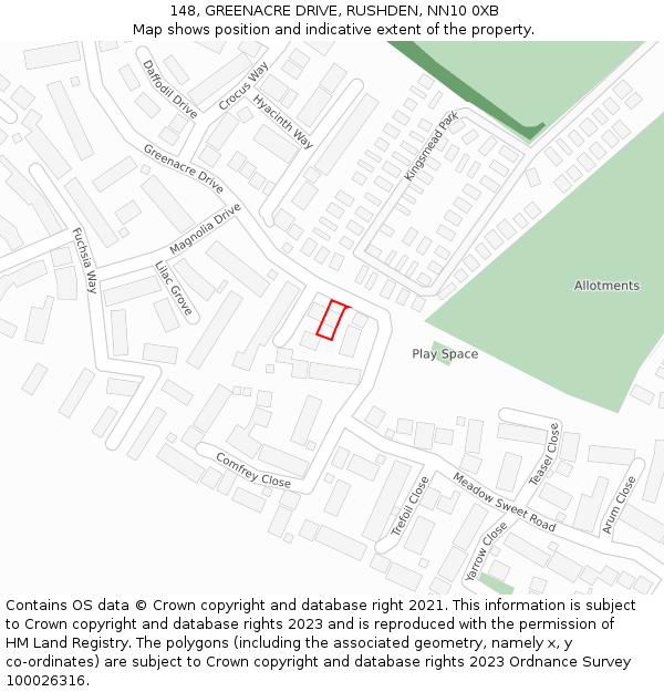 148, GREENACRE DRIVE, RUSHDEN, NN10 0XB: Location map and indicative extent of plot
