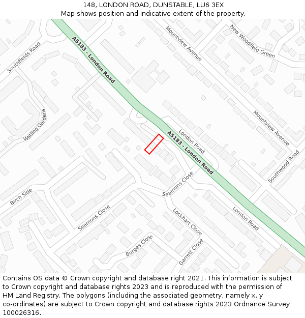 148, LONDON ROAD, DUNSTABLE, LU6 3EX: Location map and indicative extent of plot