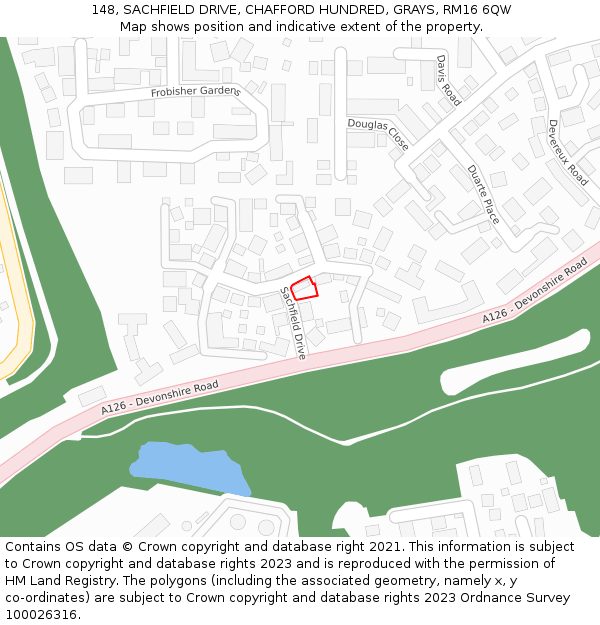 148, SACHFIELD DRIVE, CHAFFORD HUNDRED, GRAYS, RM16 6QW: Location map and indicative extent of plot