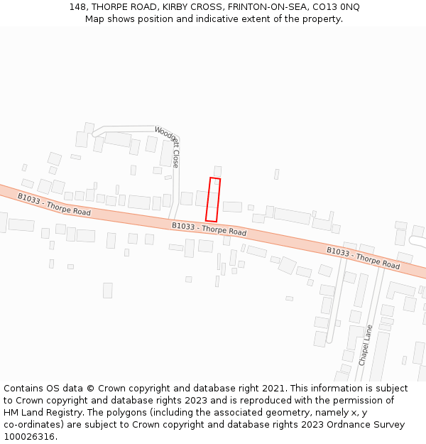 148, THORPE ROAD, KIRBY CROSS, FRINTON-ON-SEA, CO13 0NQ: Location map and indicative extent of plot