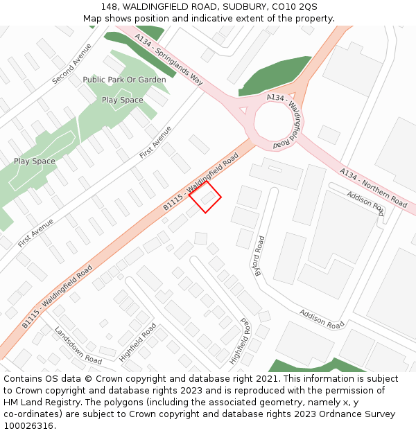 148, WALDINGFIELD ROAD, SUDBURY, CO10 2QS: Location map and indicative extent of plot