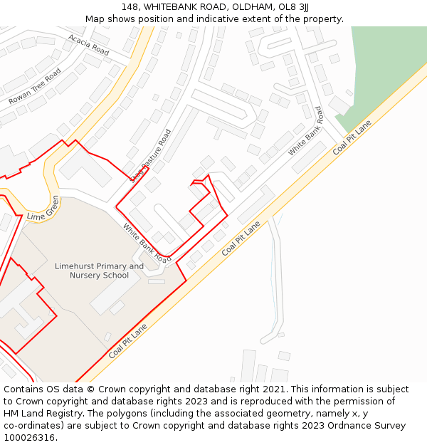 148, WHITEBANK ROAD, OLDHAM, OL8 3JJ: Location map and indicative extent of plot