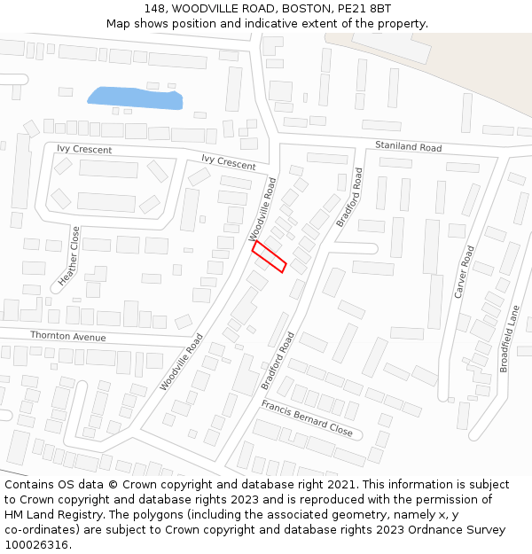 148, WOODVILLE ROAD, BOSTON, PE21 8BT: Location map and indicative extent of plot