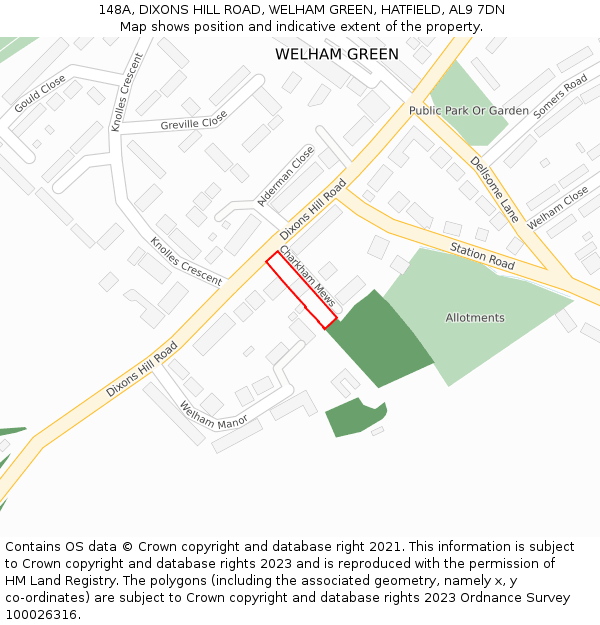 148A, DIXONS HILL ROAD, WELHAM GREEN, HATFIELD, AL9 7DN: Location map and indicative extent of plot