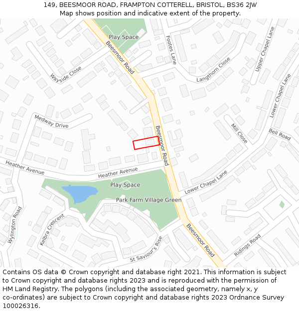 149, BEESMOOR ROAD, FRAMPTON COTTERELL, BRISTOL, BS36 2JW: Location map and indicative extent of plot