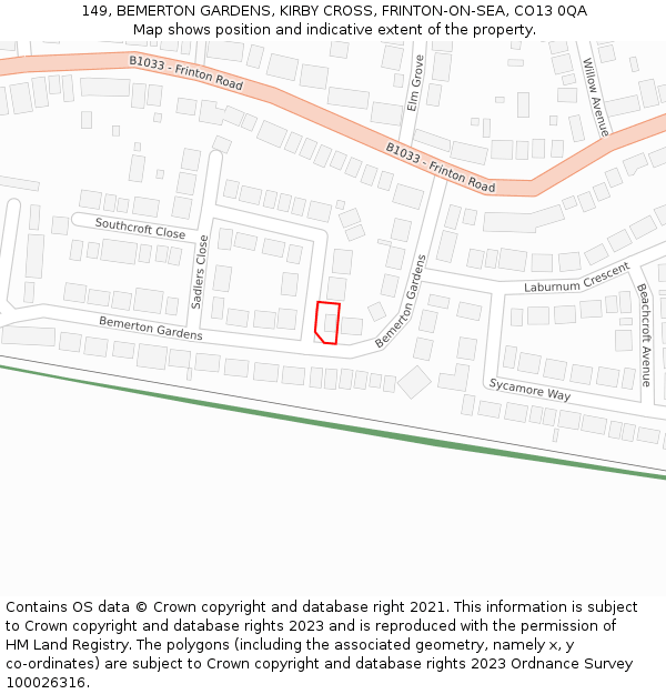 149, BEMERTON GARDENS, KIRBY CROSS, FRINTON-ON-SEA, CO13 0QA: Location map and indicative extent of plot