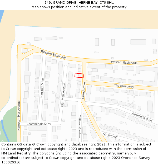 149, GRAND DRIVE, HERNE BAY, CT6 8HU: Location map and indicative extent of plot