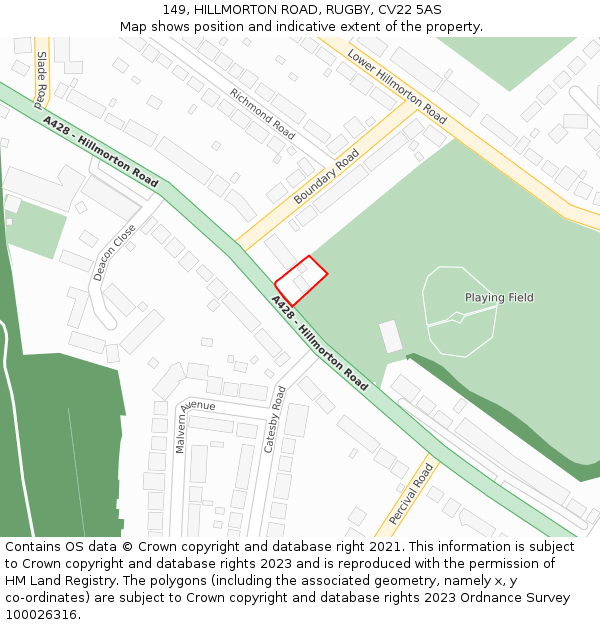 149, HILLMORTON ROAD, RUGBY, CV22 5AS: Location map and indicative extent of plot