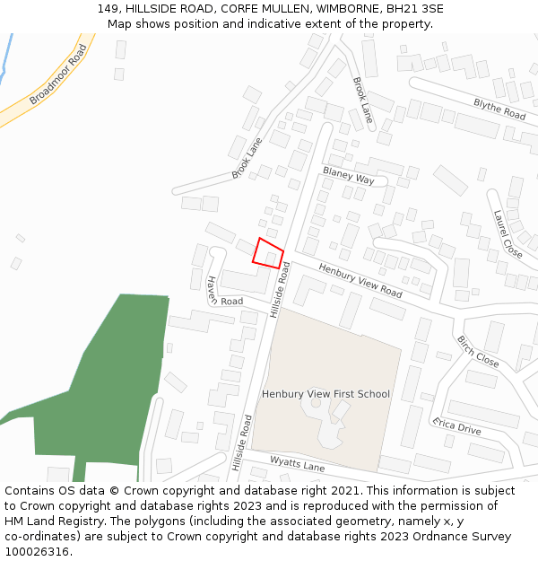 149, HILLSIDE ROAD, CORFE MULLEN, WIMBORNE, BH21 3SE: Location map and indicative extent of plot