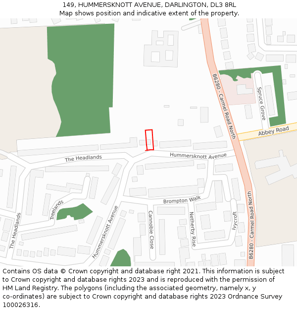 149, HUMMERSKNOTT AVENUE, DARLINGTON, DL3 8RL: Location map and indicative extent of plot