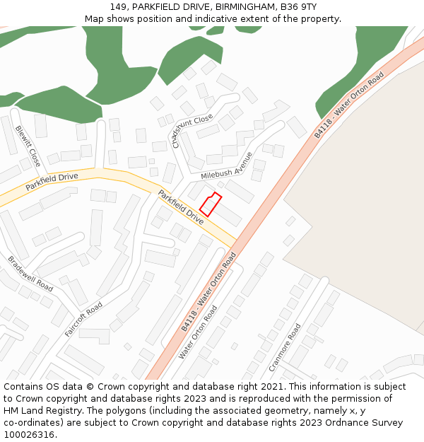 149, PARKFIELD DRIVE, BIRMINGHAM, B36 9TY: Location map and indicative extent of plot