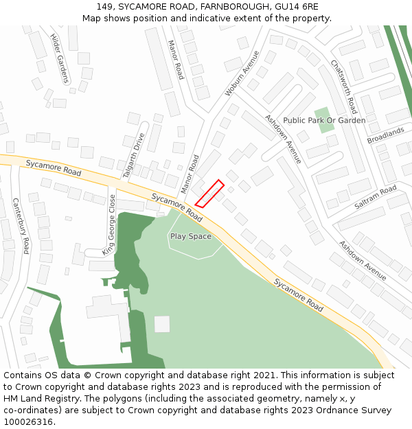 149, SYCAMORE ROAD, FARNBOROUGH, GU14 6RE: Location map and indicative extent of plot